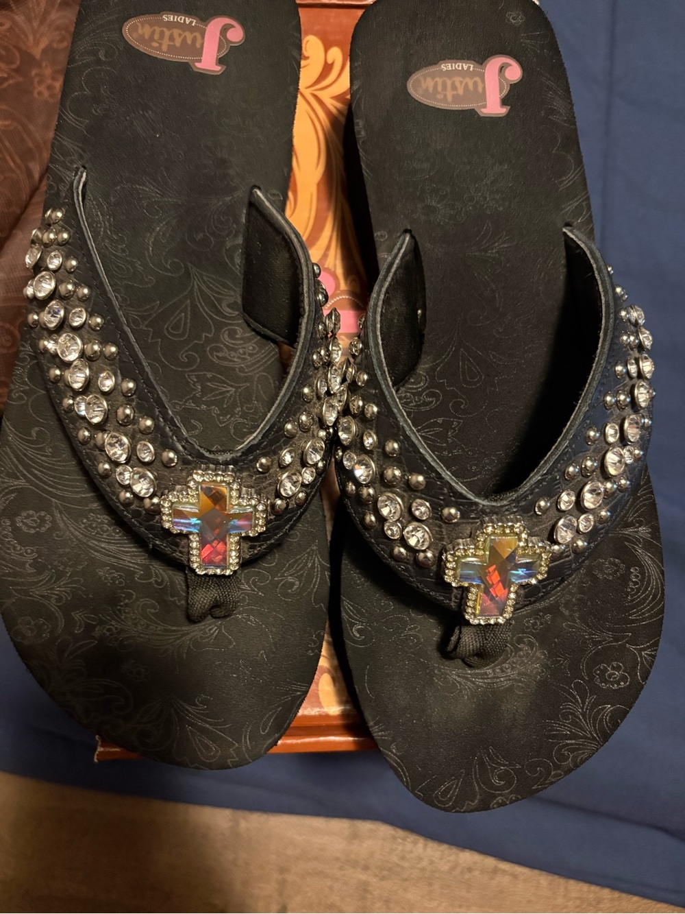 Justin Boots Black Jeweled Thong Sandals with Iridescent Cross Accent